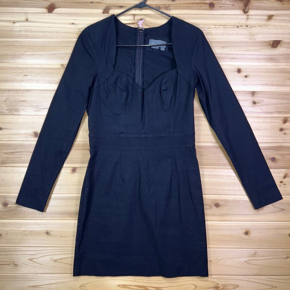 Anthropologie Dress Womens 8 Black Linen Long Sleeve Sweetheart Mini Dress
